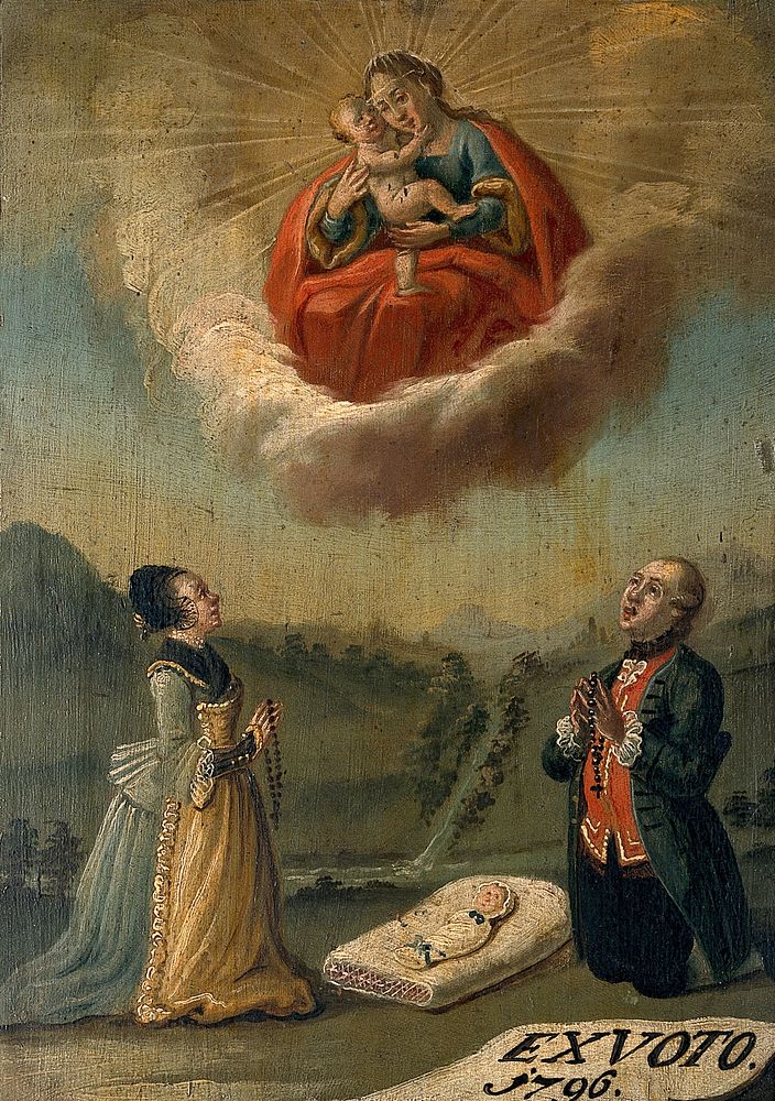 A man and a woman praying to the Virgin and Child for the life of their swaddled baby. Oil painting, 1796.