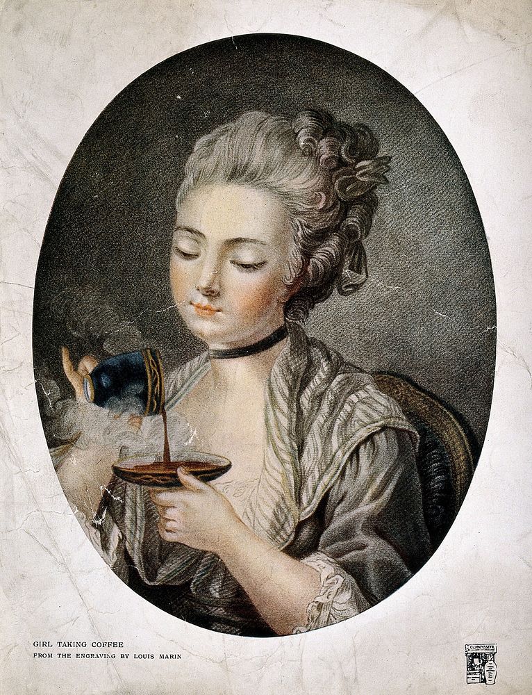 A girl pours coffee from a cup into a saucer. Colour halftone from an engraving by L. Marin.