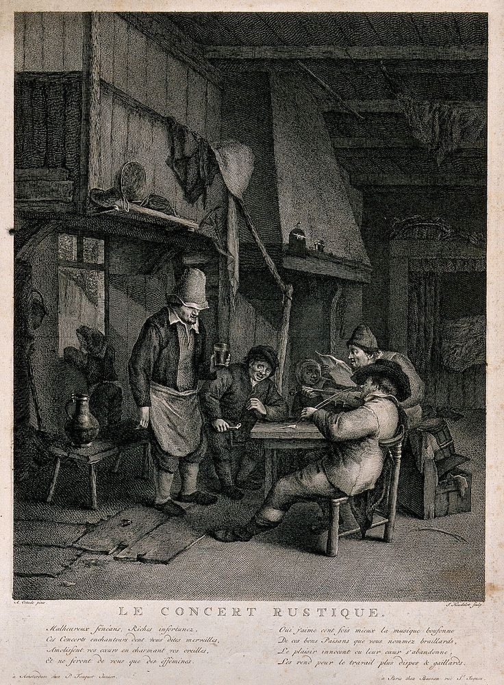 A man plays the fiddle at a tavern table as another sings and others listen. Engraving by J. Heudelot, late 18th century…