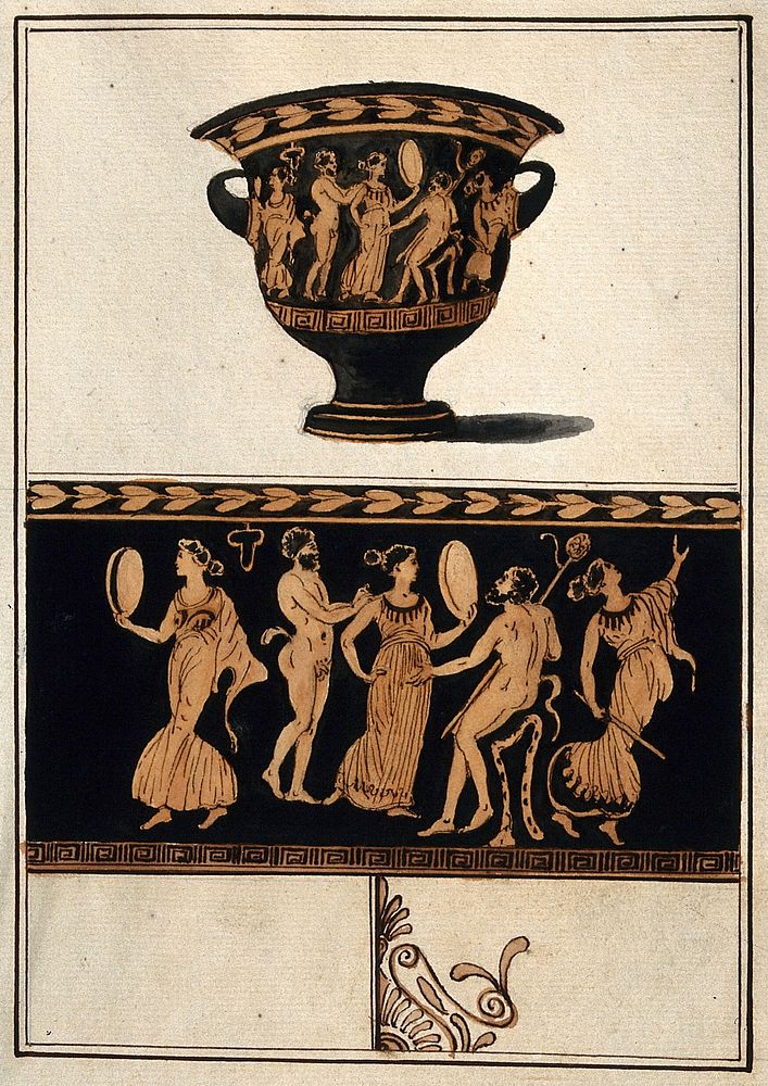 Above, a red-figured Greek wine bowl (krater); below, detail of the decoration showing women dancing with satyrs (during a…