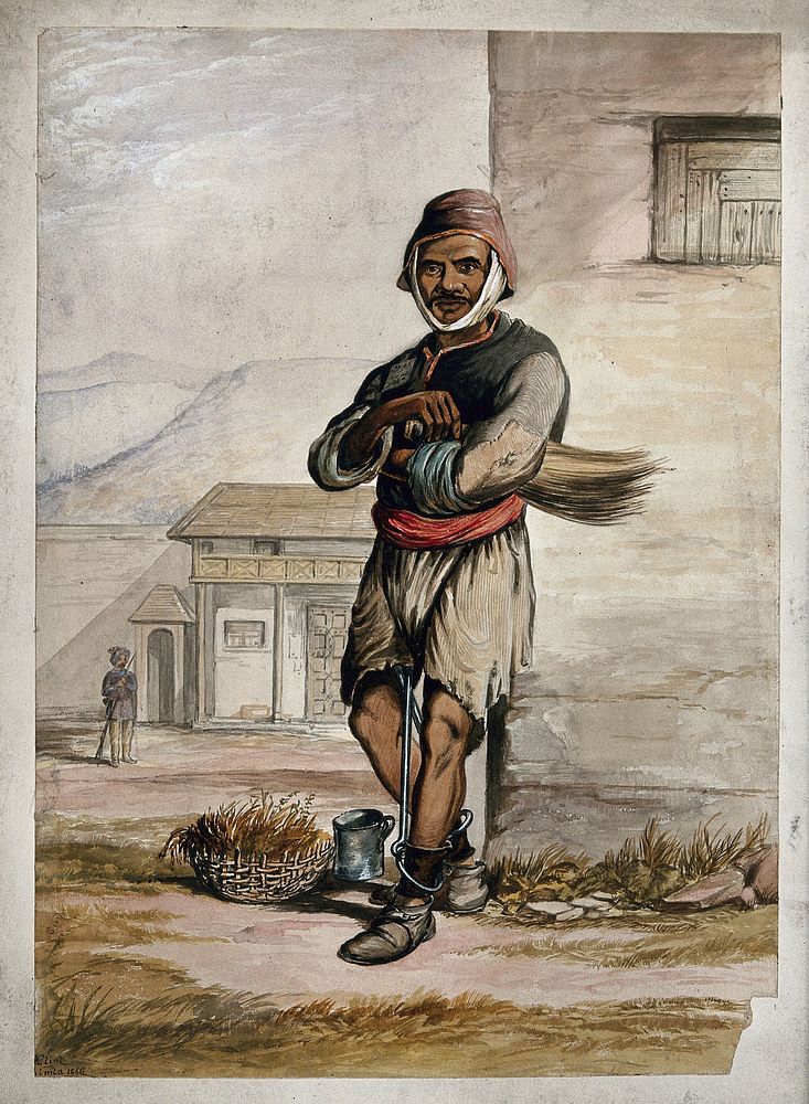 A man of Simla, standing in a prison with manacles around his ankles. Watercolour by R. Clint, 1866.