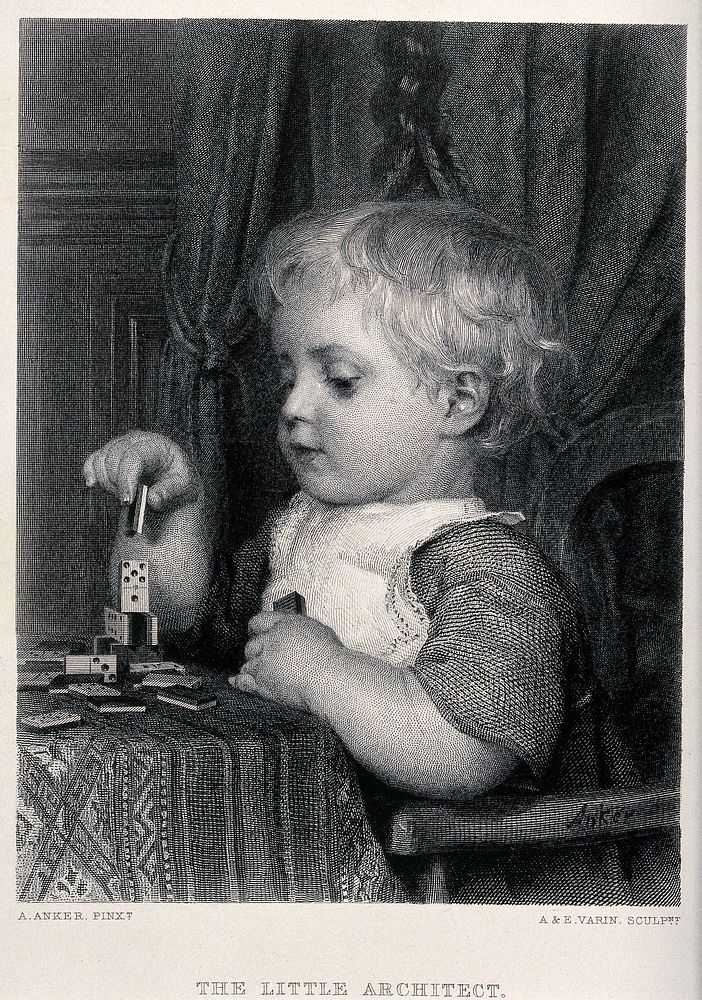 A young child sitting at a table using dominoes as building blocks. Engraving by A.& E. Varin after A. Anker.