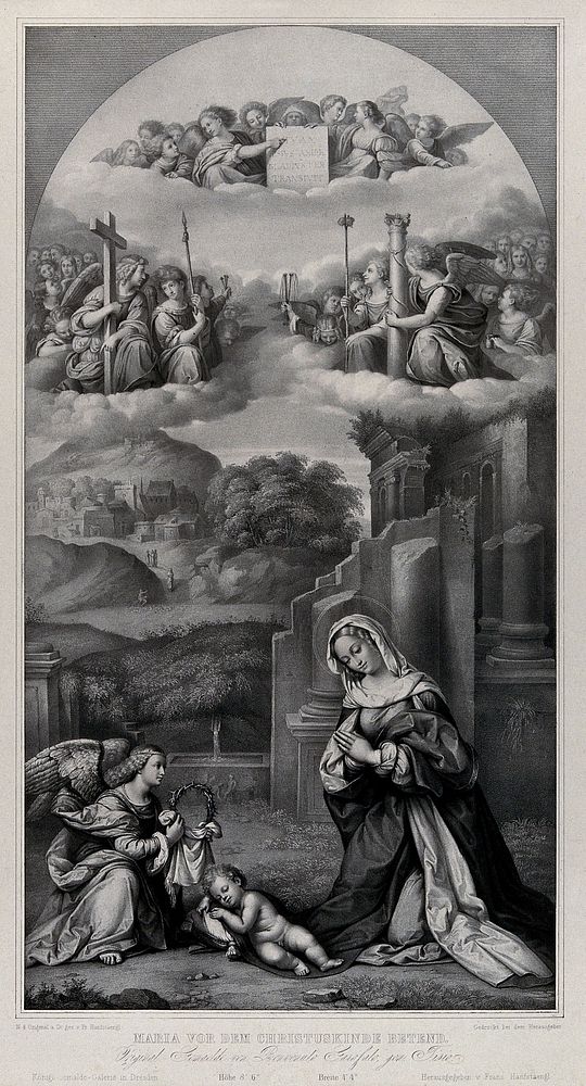 The Virgin Mary venerating the Christ Child with angels presenting the instruments of the Passion. Lithograph by F.…