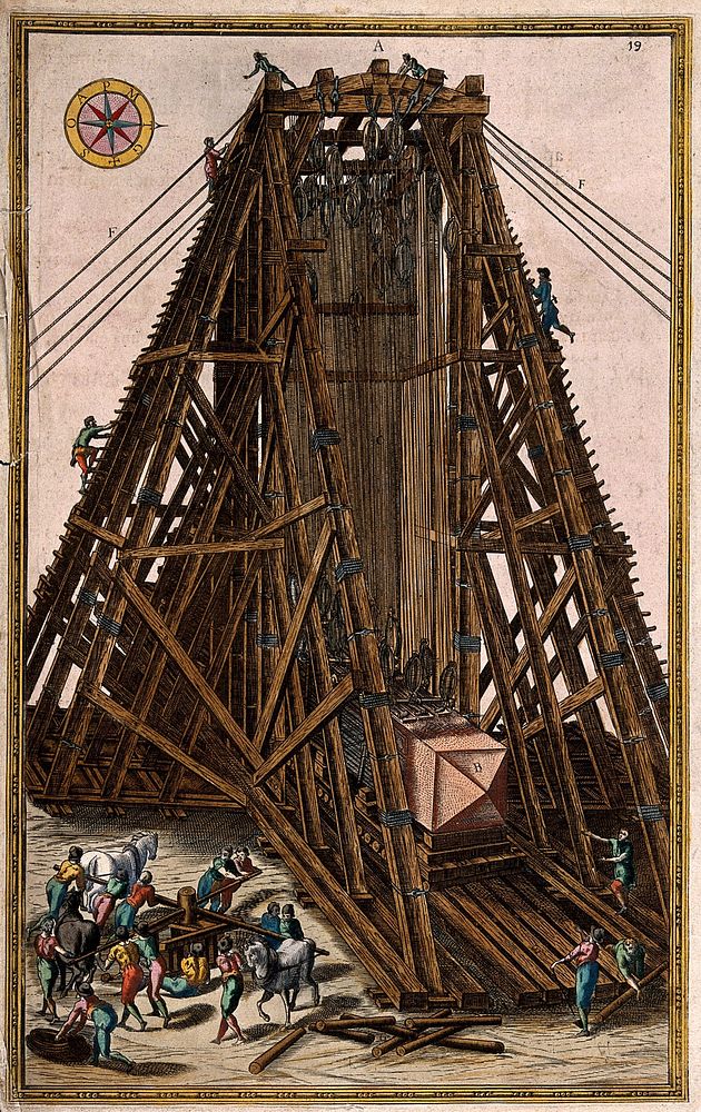 Machinery: plan and elevation of scaffolding erected to raise an obelisk in Rome. Coloured engraving.
