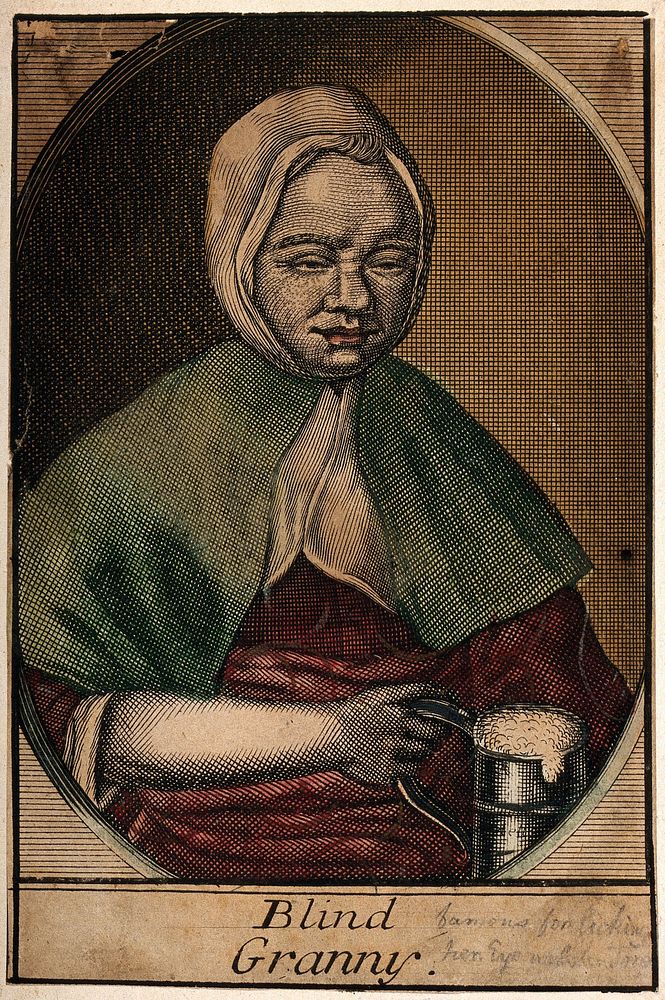 "Blind Granny" holding a tankard of beer. Coloured engraving.