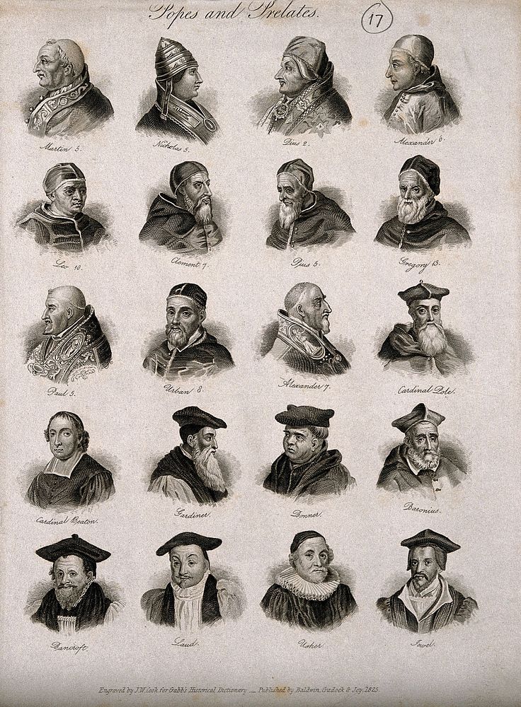 Popes and other churchmen: twenty portraits. Engraving by J.W. Cook, 1825.