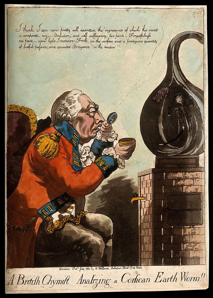 King George III analysing the residue from a large glass retort containing a small figure; representing the English view of…