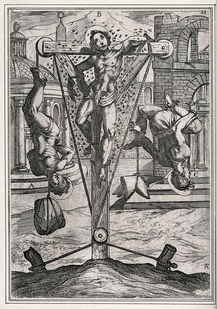 Martyrdom of three male saints on an elaborate scaffold. Etching by A.T. [A. Tempesta] .