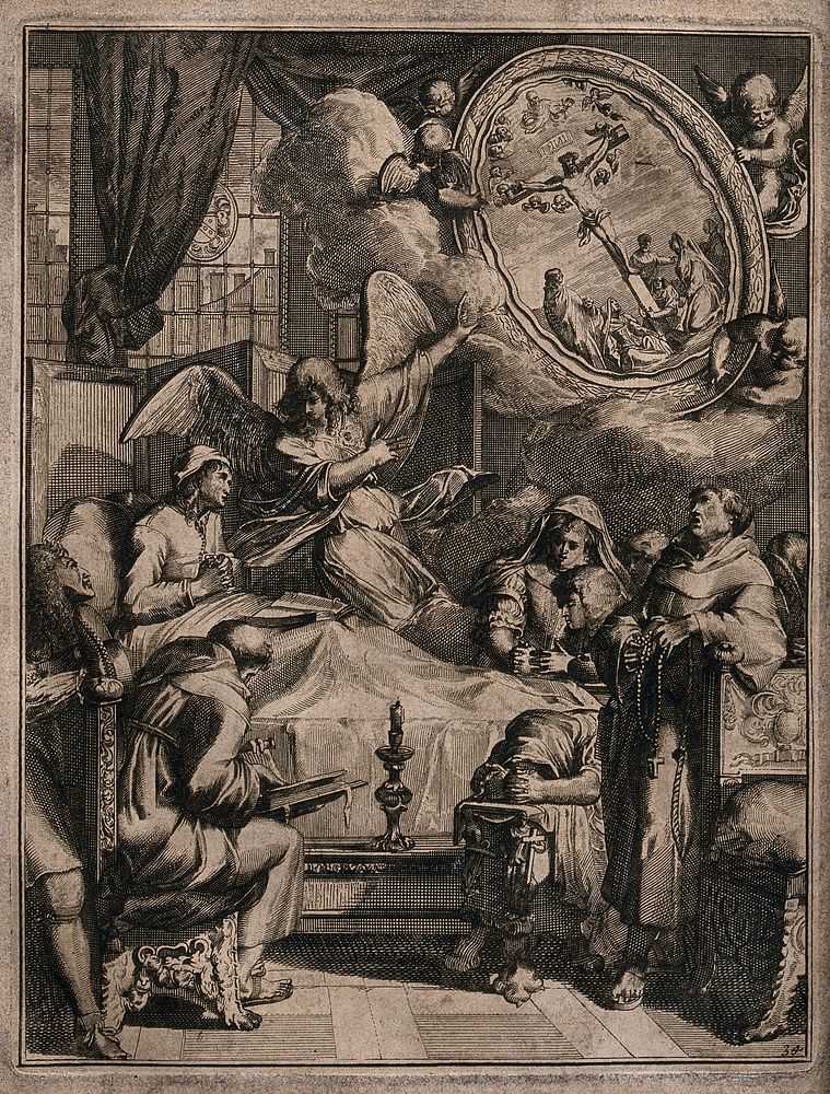 A dying man folds his hands in prayer while an angel points towards an image of the crucifixion. Etching.