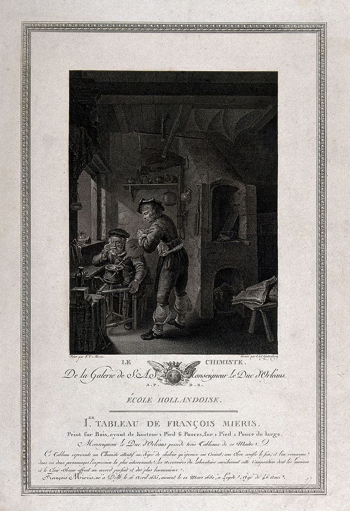 A young man blowing a bellows, while an alchemist, chemist or goldsmith watches through spectacles. Engraving by C.…