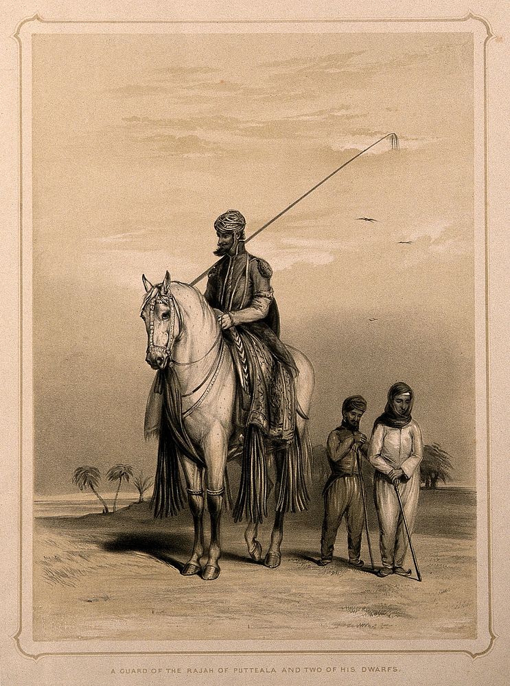 Two dwarfs with their owner, a guard of the Raja of Patiala. Lithograph by L.C. Dickinson, 1844, after Emily Eden.