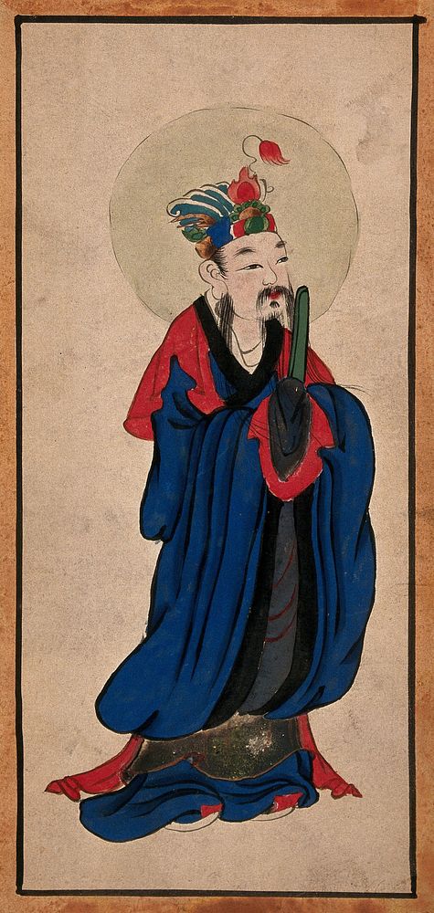 A Chinese deity (possibly Yu Huang, the Jade Emperor). Gouache by a Chinese artist, ca. 1850.