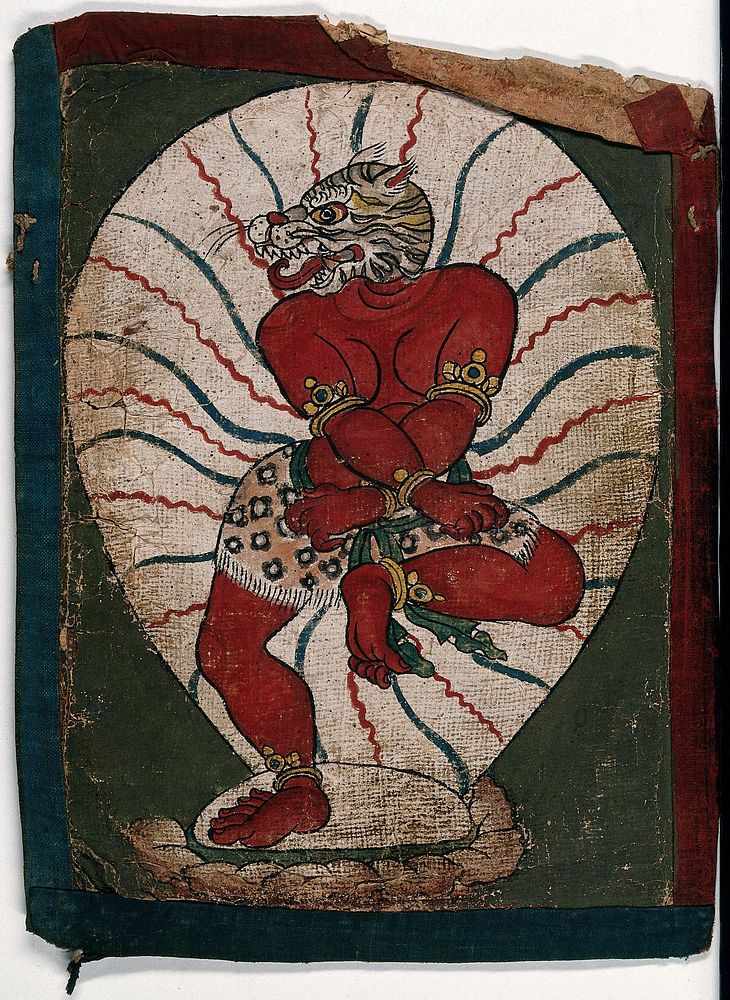 A red Tibetan demon with a tiger's head, raising one leg. Gouache painting by a Tibetan artist.
