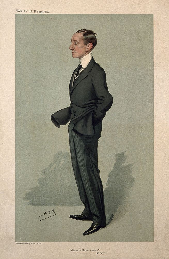 Guglielmo, Marchese Marconi. Colour lithograph by Sir L. Ward [Spy], 1905.