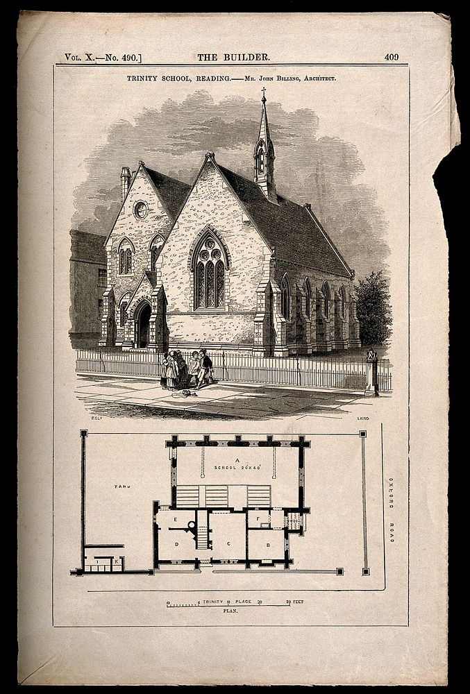 Trinity School, Reading: with a floor plan. Wood engraving by Laing after B. Sly after J. Billing.