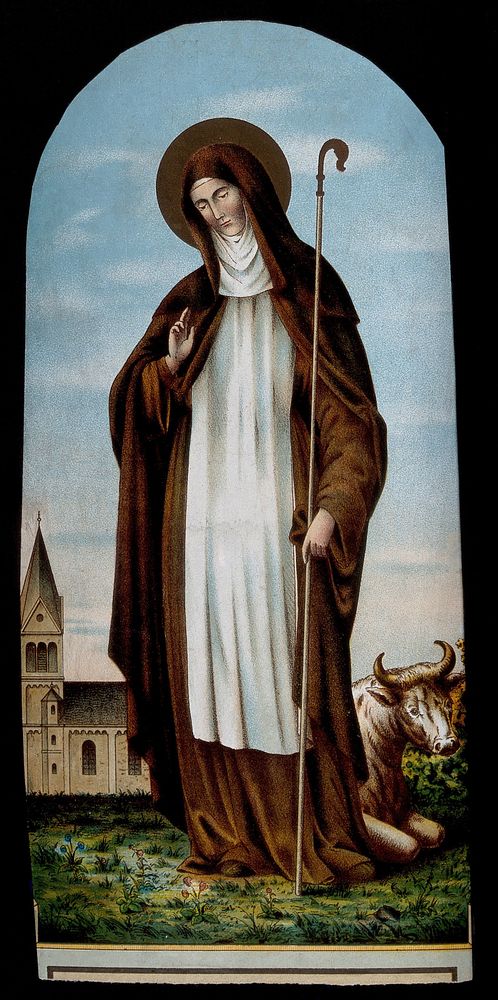 Saint Bridget of Ireland. Colour lithograph.