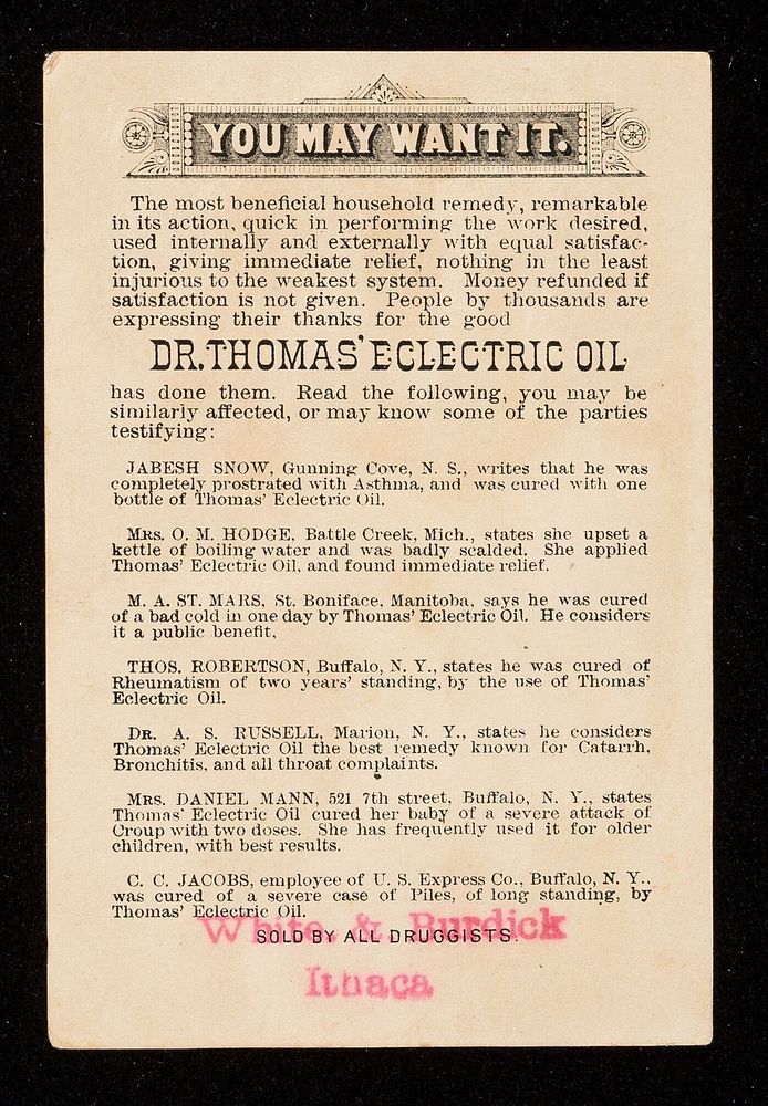 Dr. Thomas' Eclectric Oil : you may want it / [Foster, Milburn & Co.].