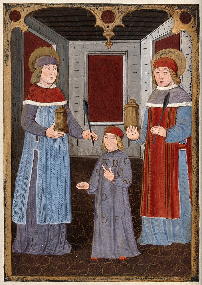 Saint Cosmas and Saint Damian with another figure. Gouache painting.