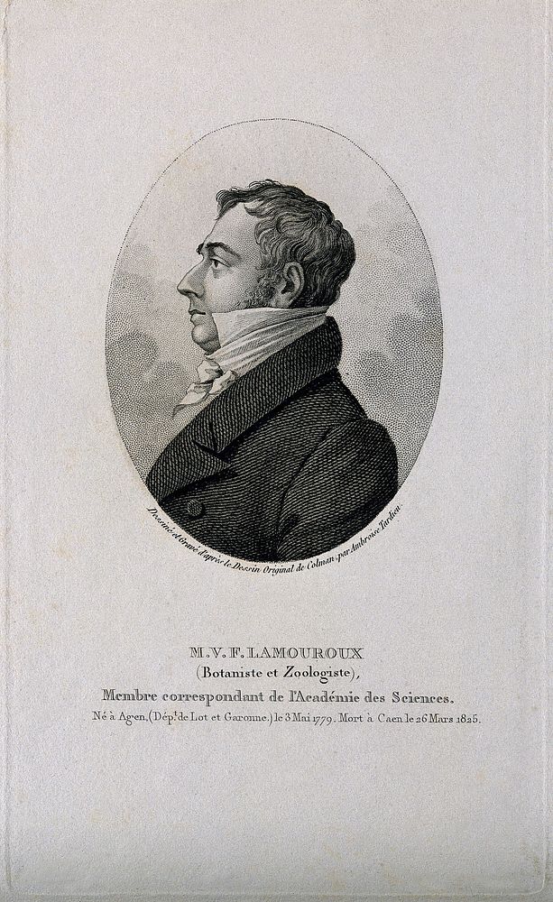 Jean Vincent Félix Lamouroux, profile looking left. Stipple engraving by A. Tardieu after himself after J. S. Colman.