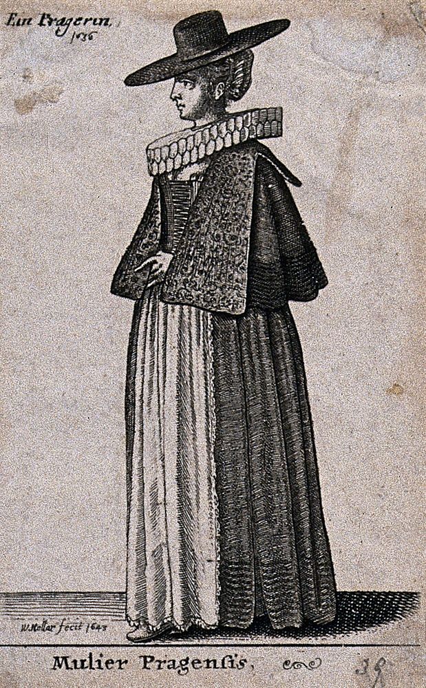 A woman in the costume of Prague. Etching by W. Hollar, 1643.