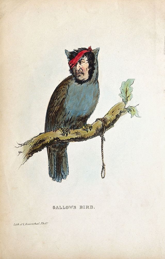 An anthropomorphical figure consisting of a bird's body and a human head is sitting on a branch of a tree next to a dangling…