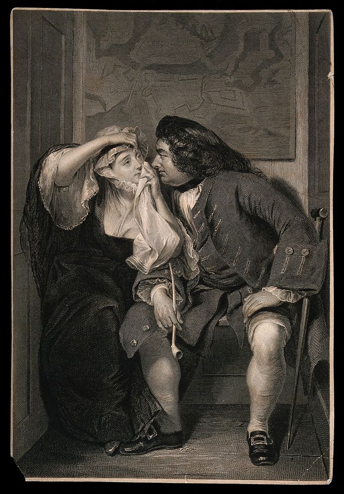 An episode in Tristram Shandy: Uncle Toby looks into Widow Wadman's eye, as she holds it open for him. Line engraving by L.…