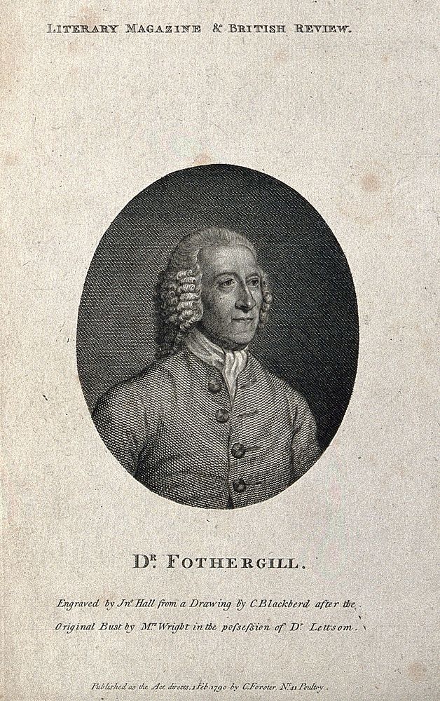 John Fothergill. Line engraving by J. Hall, 1790, after C. Blackberd after Mrs P. Wright.
