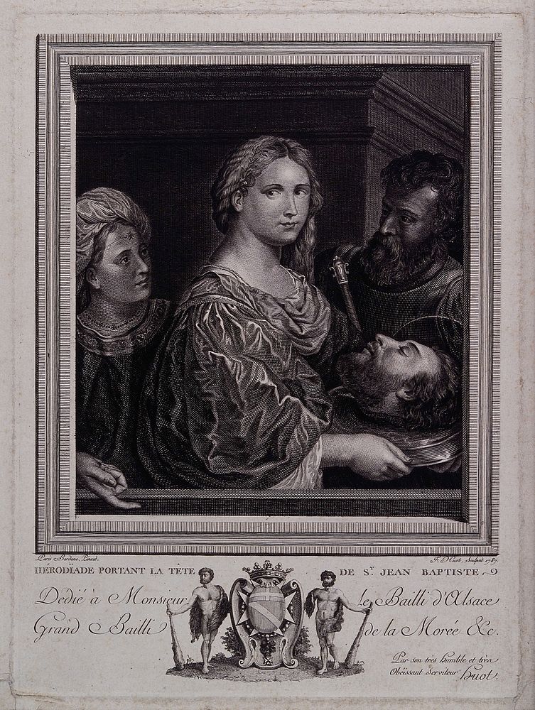 Saint John the Baptist: Salome holding his severed head on a charger. Etching by F. Huot, 1787, after P. Bordone.