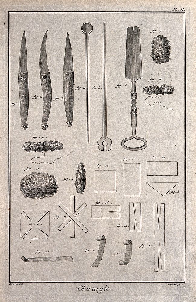 Surgery: an assortment of surgical instruments, including a catheter, a probe and a spatula. Engraving with etching by…