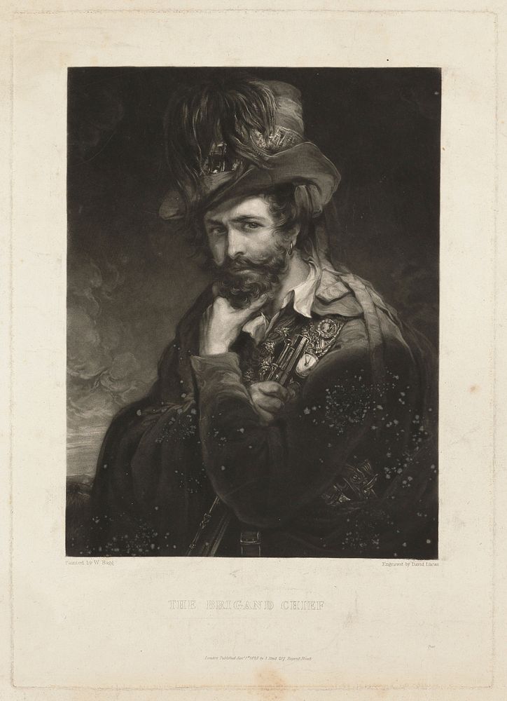 A brigand chief holding a firearm. Mezzotint by D. Lucas, 1828, after W. Bagg.