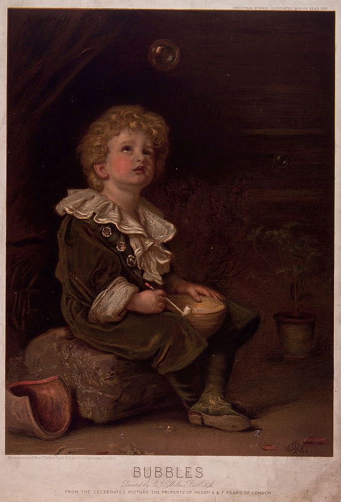 A boy sits on a stone with a bowl and a bubble pipe. Chromolithograph after J.E. Millais.