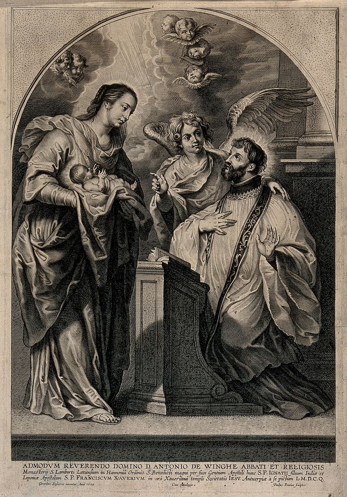 Saint Francis Xavier being presented by the Virgin with the infant Christ. Engraving by P. Pontius after G. Seghers…