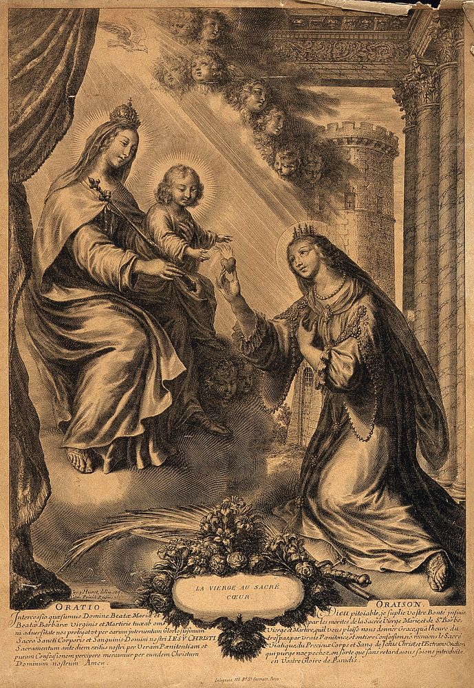 Saint Barbara: she holds a burning heart before the Christ Child held by the Virgin. Engraving by G. Huret.