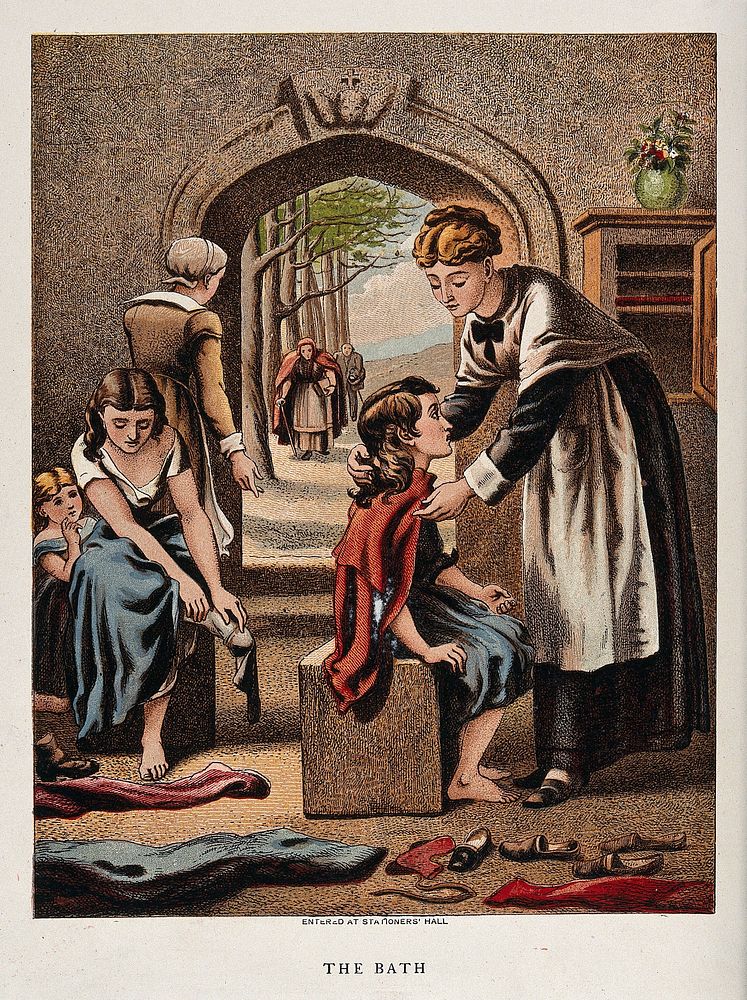 Women and children entering an institution and being prepared for bathing. Coloured reproduction of a wood engraving.