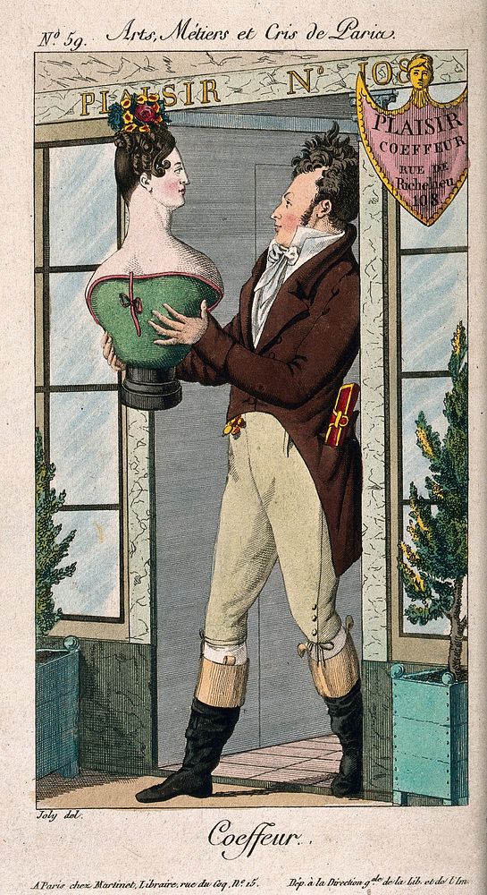 A hairdresser holding a bust of a woman with an elaborate hairstyle. Coloured engraving by A. Joly, ca. 1813.