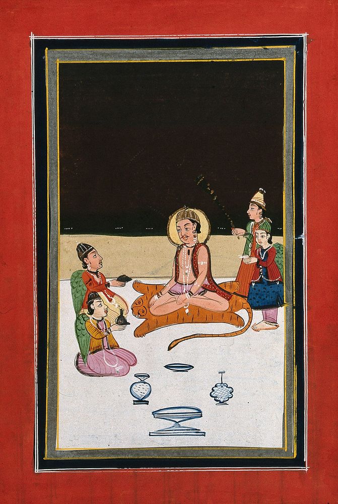 A man sitting on a tiger skin with four attendants, three with wings offering him various things. Gouache painting by an…
