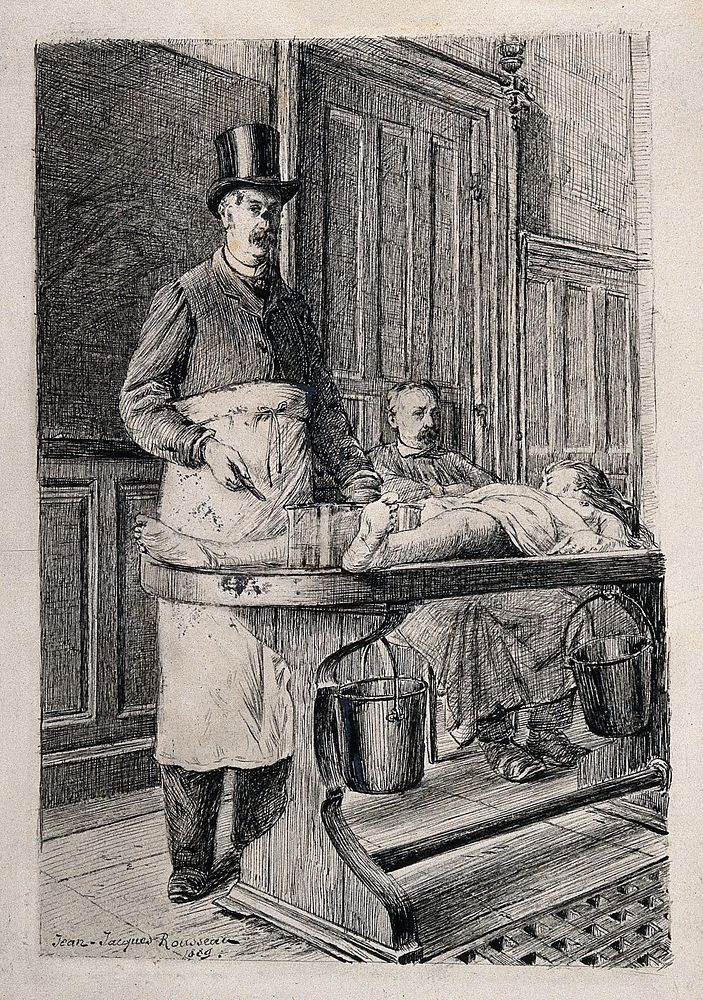 An anatomist, "Mr Le Professeur C...", dissecting a cadaver laid out on a trestle table, while a seated man looks on.…