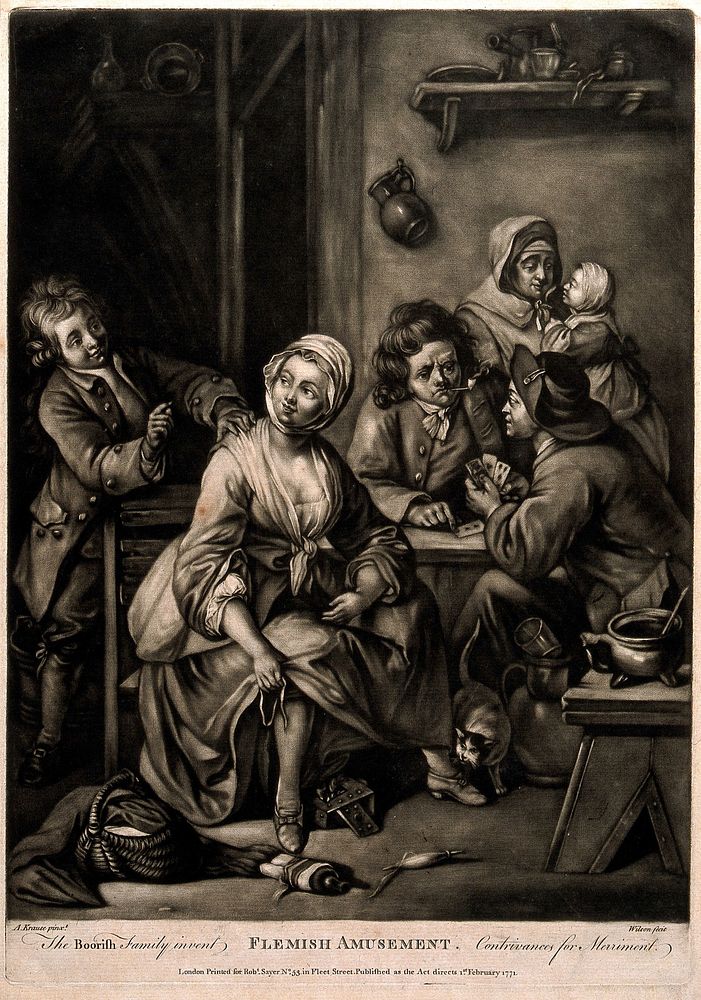 Six figures passing the time with various entertainments. Mezzotint by J. Wilson, 1771, after G.M. Kraus.