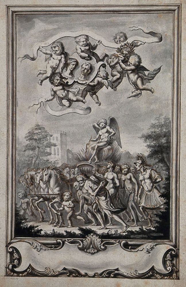 Eros is seated on a chariot drawn by for white horses and surrounded by a crowd; above, putti holding a crown of laurel and…