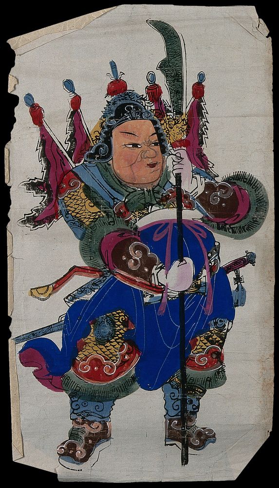 A Chinese warrior with spear in hand, standing to attention. Colour woodcut by a Chinese artist.
