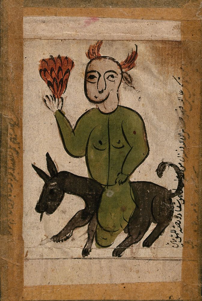 A man riding on a donkey. Gouache painting by an Indian artist .
