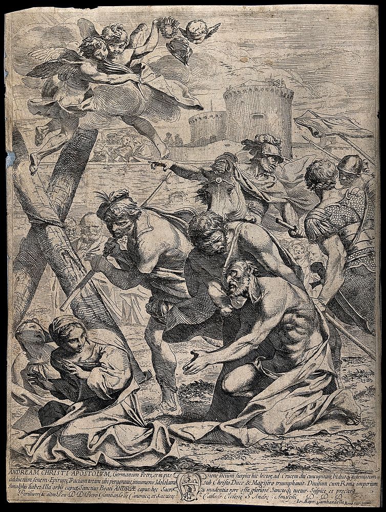 The martyrdom of Saint Andrew. Engraving by F. Giovane, 16--.