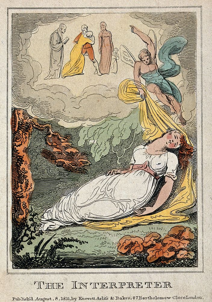 A sleeping woman is disturbed in her dreams by a winged figure pointing to five people in the clouds above; representing the…