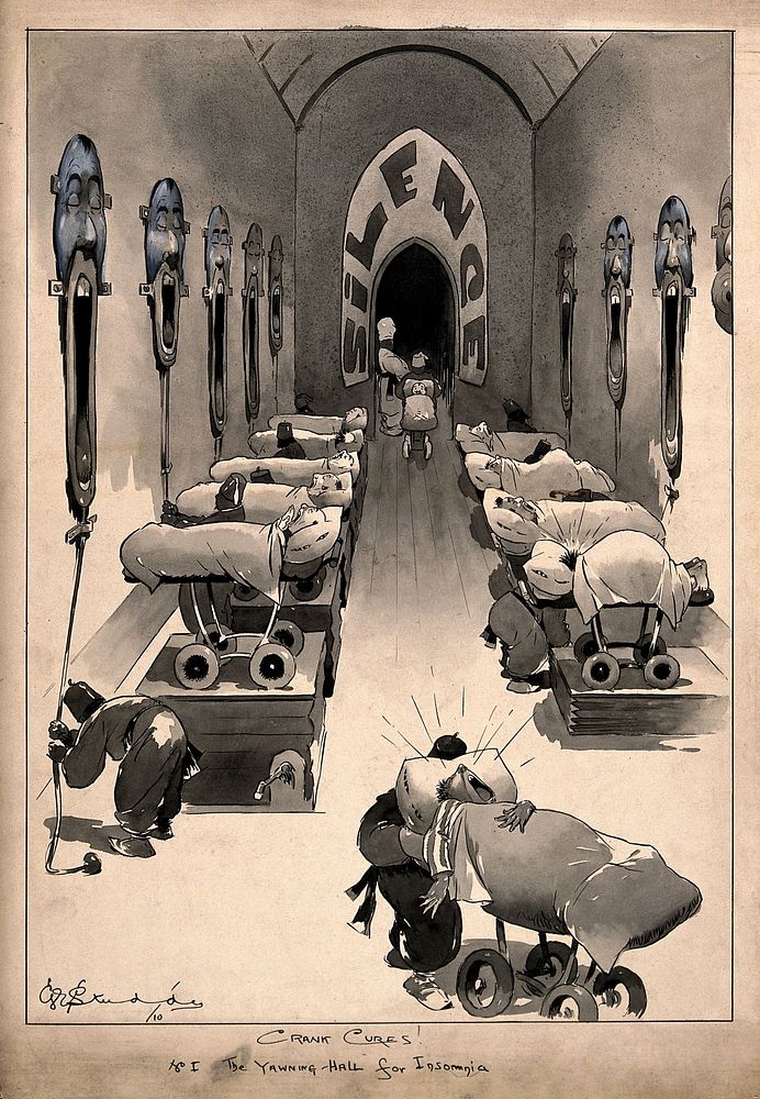 A hospital ward for insomniacs. Pen drawing by G.E. Studdy, 1910.