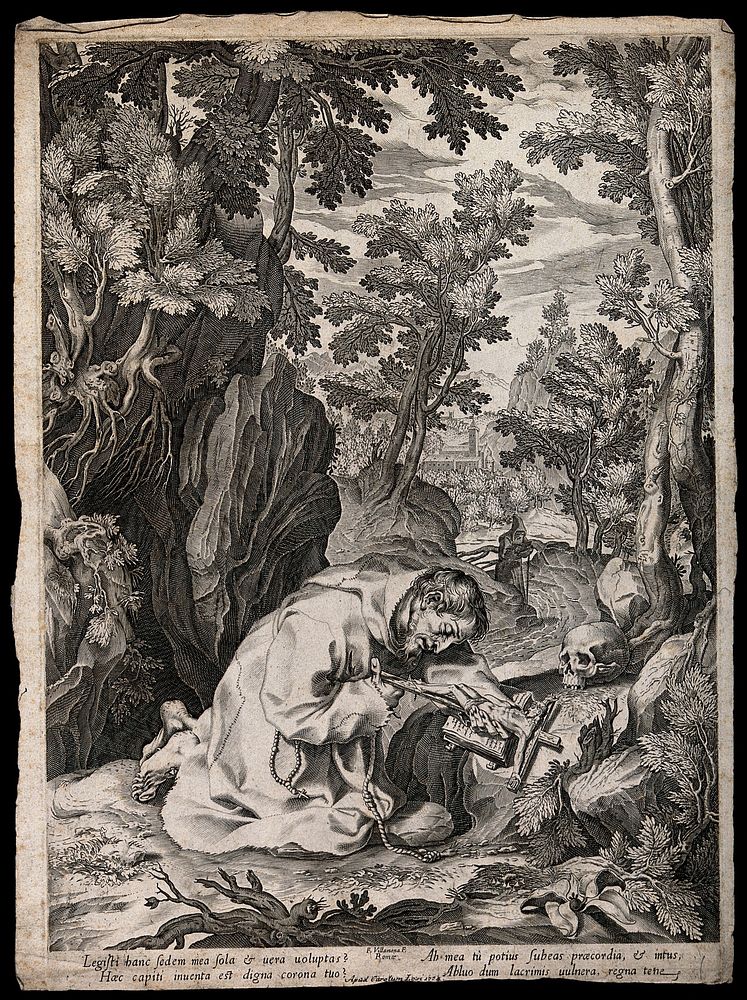 Saint Francis of Assisi in the wilderness, kneeling in front of a crucifix. Engraving by F. Villamena.
