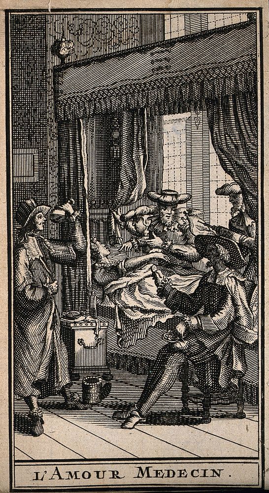 A group of physicians trying to diagnose a young woman's illness in a scene from Molière's L'amour médecin. Etching…