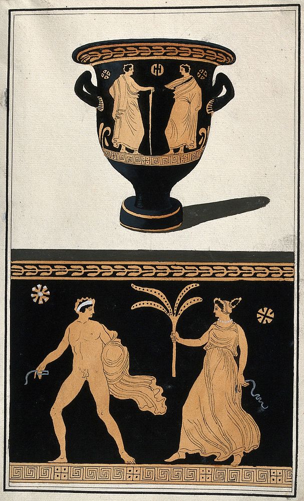 Above, a red-figured Greek wine bowl (krater); below, detail of the decoration showing a naked man and a woman holding a…
