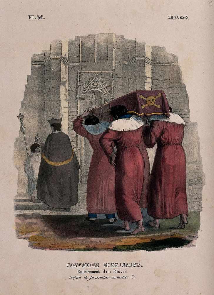 Four pallbearers in Mexican dress carrying a coffin behind a priest into a church. Coloured lithograph.