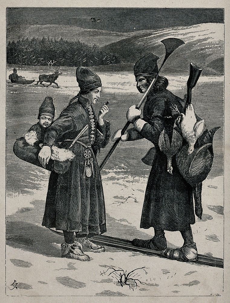 A Swedish Lappish (Sámi) woman holding her child and smoking a pipe, and a man on skis carrying game. Etching, ca. 1890.
