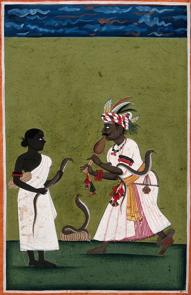 A snake charmer with three snakes and attendant. Gouache drawing.